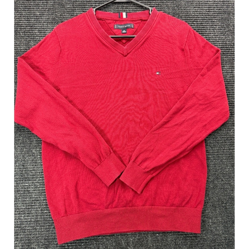 Tommy Hilfiger Mens Small Red V-Neck Pullover Sweater Embroidered Flag Logo
